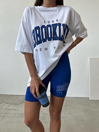 Kadın Brooklyn Beyaz Saks 2'li Oversize T-shirt Tayt Takım