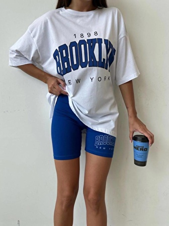 Kadın Brooklyn Beyaz Saks 2'li Oversize T-shirt Tayt Takım