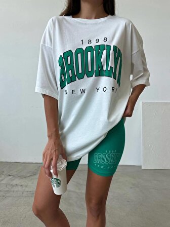 Kadın Brooklyn Beyaz Yeşil 2'li Oversize T-shirt Tayt Takım