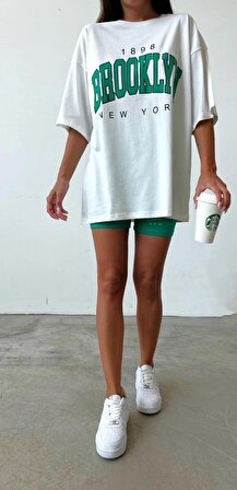 Kadın Brooklyn Beyaz Yeşil 2'li Oversize T-shirt Tayt Takım