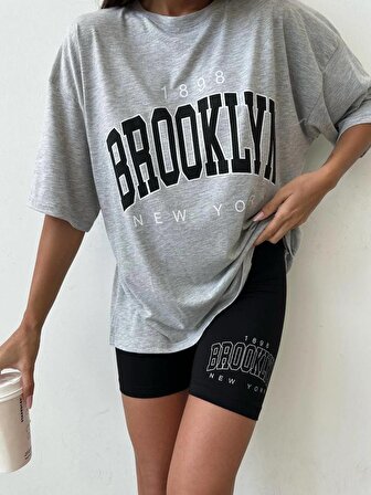 Kadın Brooklyn Gri Siyah 2'Li Oversize T-shirt Tayt Takım