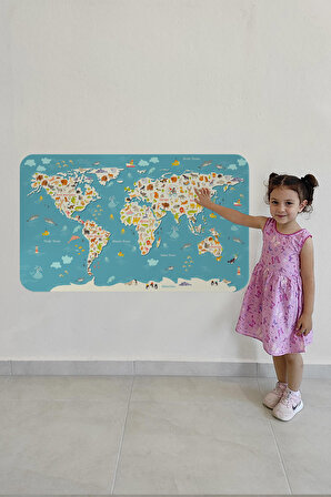 Eğitici Dünya Haritası Dünya Atlası Çocuk ve Bebek Odası Kaliteli Duvar Sticker-3776