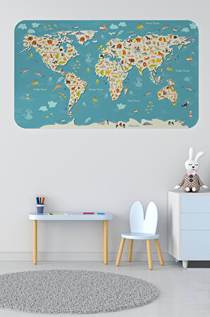 Eğitici Dünya Haritası Dünya Atlası Çocuk ve Bebek Odası Kaliteli Duvar Sticker-3776
