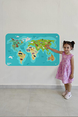 Eğitici Dünya Haritası Dünya Atlası Çocuk ve Bebek Odası Kaliteli Duvar Sticker-3784