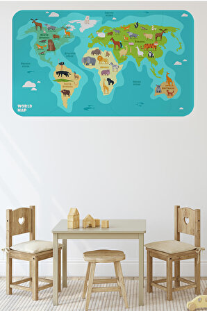 Eğitici Dünya Haritası Dünya Atlası Çocuk ve Bebek Odası Kaliteli Duvar Sticker-3784