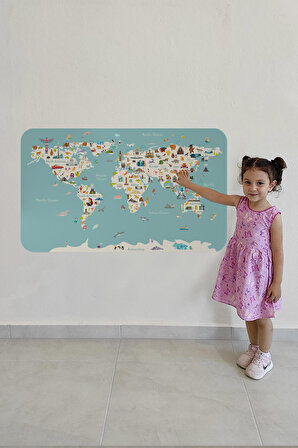 Eğitici Dünya Haritası Dünya Atlası Çocuk ve Bebek Odası Kaliteli Duvar Sticker-3786