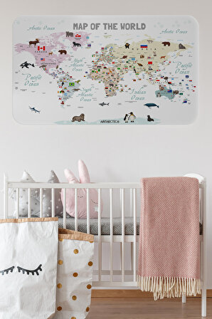 Eğitici ve Bayraklı Dünya Haritası Dünya Atlası Çocuk ve Bebek Odası Kaliteli Duvar Sticker 3813