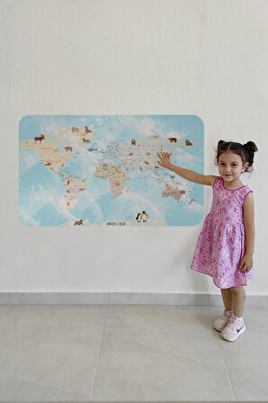 Eğitici Dünya Haritası Dünya Atlası Çocuk ve Bebek Odası Kaliteli Duvar Sticker 3828