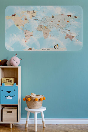 Eğitici Dünya Haritası Dünya Atlası Çocuk ve Bebek Odası Kaliteli Duvar Sticker 3828