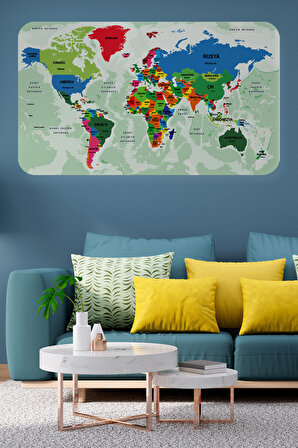 Türkçe Eğitici Ülke ve Başkent Okyanus Detaylı Atlası Dekoratif Dünya Haritası Kaliteli Duvar Sticker 3840