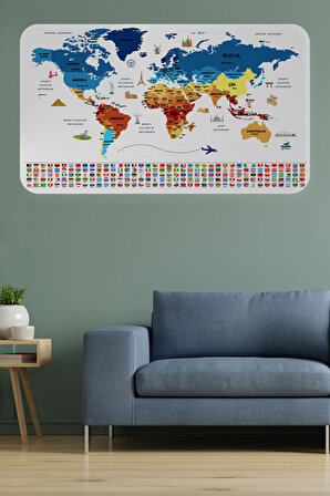 Ülke Bayrak lı Eğitici Başkent Detaylı Atlası Dekoratif Dünya Haritası Kaliteli Duvar Sticker 3857