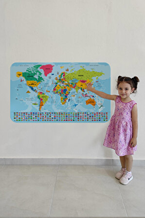 Dünya Haritası Eğitici Ülke Bayraklı Türkçe Harita Çocuk Odası Genç Odası Kaliteli Duvar Sticker 3865B