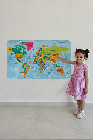 Türkçe Eğitici Ülke ve Başkent Okyanus Detaylı Atlası Dekoratif Dünya Haritası Kaliteli Duvar Sticker 3865