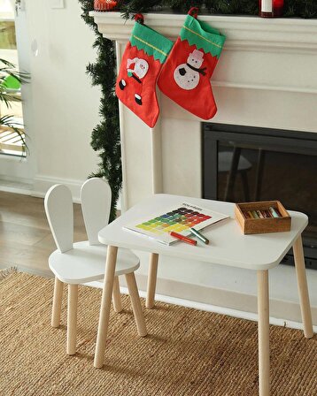 Montessori Çocuk Masası 1 Masa & 1 Beyaz Bunny Sandalye