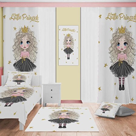 beyaz Princess Desenli Çocuk Odası Takım Perde (iki Kanat),Yatak Örtüsü,Yastık,Kırlent ,Halı,Tablo