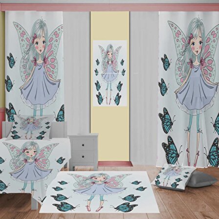 Kelebek kız Desenli Çocuk Odası Takım Perde (iki Kanat),Yatak Örtüsü,Yastık,Kırlent ,Halı,Tablo