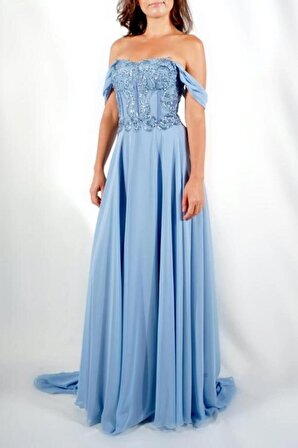 Kadın Mavi Haute Couture Straplez Şifon Taşlı Gece Elbisesi