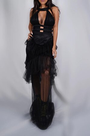 Couture , Dekolteli Siyah Dantel Abiye Elbise