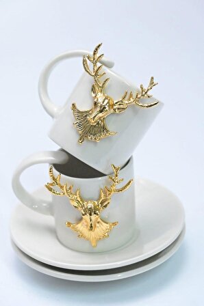 2'li Altın Geyik Figürlü Zarif Lüks Seramik Kahve Bardağı & Fincan Seti