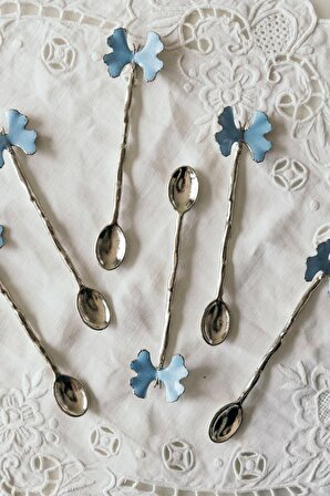 6'lı Şıklık İkonu Gümüş & Mavi Kelebek Desenli Dekoratif Çay Kaşığı Seti 