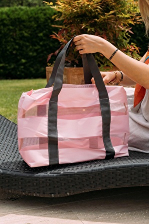 Boy Bag Pink Çizgili Şeffaf XL Plaj Çantası 