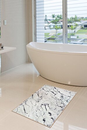 40x60 Dijital Kaymaz Tabanlı Beyaz Mermer Desenli Banyo ve Kapı Paspası