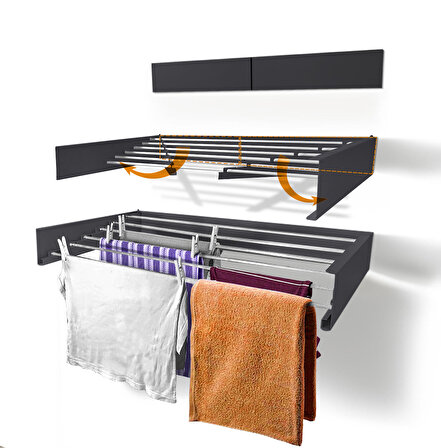 Kurutmalık Çamaşır Askısı - Duvara Monte Çamaşırlık - Patentli Tasarım Antrasit-100cm