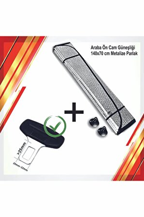 Emniyet Kemer Çapası 1 Adet + Araba Ön Cam Güneşliği (140cmx70cm) Metalize Parlak Alüminyum 1 Adet