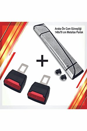 Elit Paket Emniyet Kemer Yükseltici Metal Uçlu 2 Adet Araba Ön Cam Güneşliği (140X70) 1 Adet