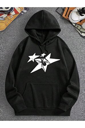 Unisex Yıldız ve Örümcek Baskılı Kapüşonlu Siyah Sweatshirt