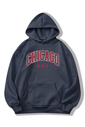 Unisex Chicago Baskılı Kapüşonlu Koyu Gri Sweatshirt