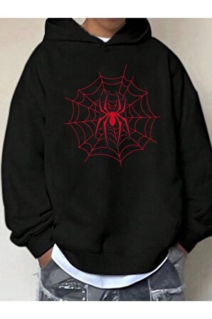 Unisex Örümcek Baskılı Kapüşonlu Siyah Sweatshirt