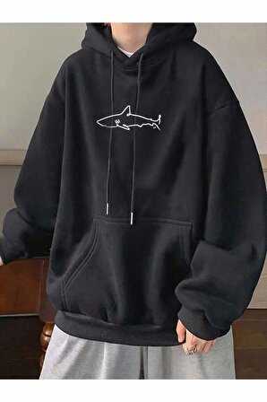 Unisex Köpek Balığı Baskılı Kapüşonlu Siyah Sweatshirt