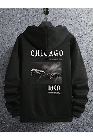 Unisex Chicago Baskılı Kapüşonlu Siyah Sweatshirt