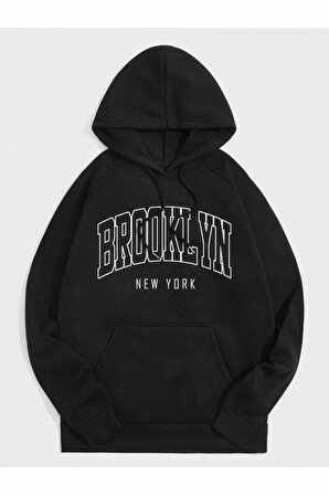 Unisex Brooklyn New York Baskılı Kapüşonlu Siyah Sweatshirt