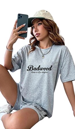 Kadın Badwood Yazılı Tasarımlı Baskılı Gri Penye Şort ve Oversize T-Shirt Takımı