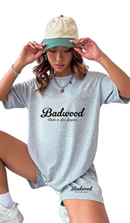 Kadın Badwood Yazılı Tasarımlı Baskılı Gri Penye Şort ve Oversize T-Shirt Takımı