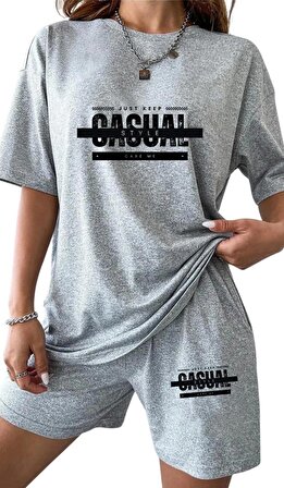 Kadın Casual Style Yazılı Tasarımlı Baskılı Gri Penye Şort ve Oversize T-Shirt Takımı