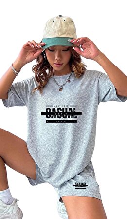 Kadın Casual Style Yazılı Tasarımlı Baskılı Gri Penye Şort ve Oversize T-Shirt Takımı