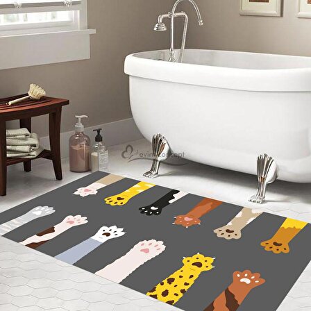 Pati Desen Banyo Paspası, Kedili Banyo Paspası, Kedi Patili Paspas, Dekoratif Paspas, 60x100 Paspas