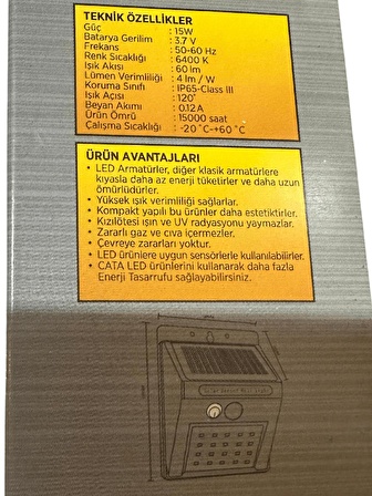 Cata CT-7330 15W 6400K (Beyaz Işık) Sensörlü Solar Güneş Panelli Led Aplik (4 Adet)