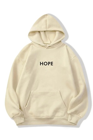 Unisex Hope Baskılı Oversize Kapüşonlu Krem Sweatshirt