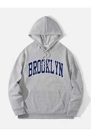 Unisex Brooklyn Baskılı Oversize Kapüşonlu Gri Sweatshirt
