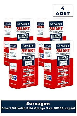 Smart 30 Kapsül ( Sitikolin Dha Omega 3 Ve B12 içeren Takviye Edici Gıda ) x 4 Adet