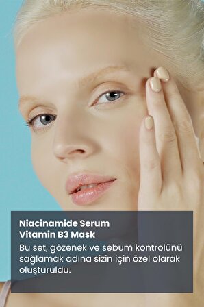 Leke Akne Karşıtı Niasinamid Vegan Serum 30ml + B3 Vitamin Maske Gözenek Sıkılaştırıcı Peeling Set