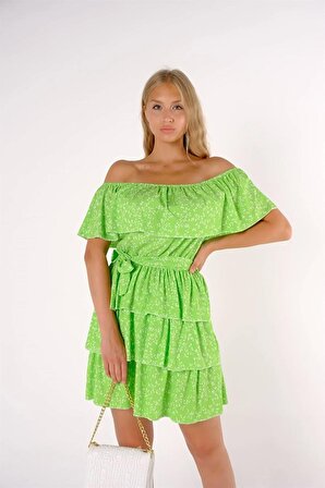 Omuz Dekolteli Bel Bağlama Çiçekli Elbise - Yeşil