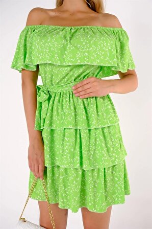 Omuz Dekolteli Bel Bağlama Çiçekli Elbise - Yeşil