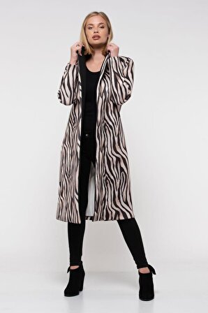 Modkofoni Kemerli Zebra Desenli Uzun Kadın Ceket