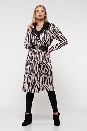 Modkofoni Kemerli Zebra Desenli Uzun Kadın Ceket