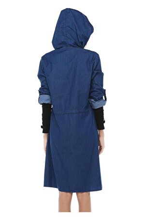 Modkofoni Fermuarlı Kapşonlu Koyu Mavi Uzun Kadın Kot Ceket